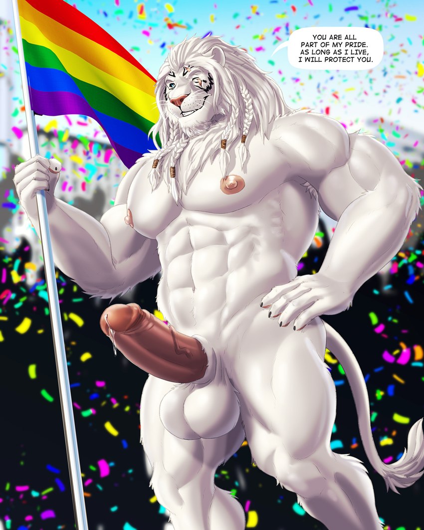 abs animal_genitalia anthro armpit_hair balls big_balls big_penis bodily_fluids body_hair erection eye_scar facial_scar flag flag_(object) fur genital_fluids genitals holding_flag holding_object humanoid_genitalia humanoid_penis hybrid_genitalia hybrid_penis lgbt_pride male muscular muscular_anthro muscular_male nipples pecs penis precum pride_color_flag pride_colors rainbow_pride_colors scar sheath sheathed_humanoid_penis six-stripe_rainbow_pride_colors text vein veiny_penis white_body white_fur dream_and_nightmare hasbro lgbt_pride_month magic:_the_gathering wizards_of_the_coast ajani_goldmane felid lion mammal pantherine 4:5 english_text hi_res