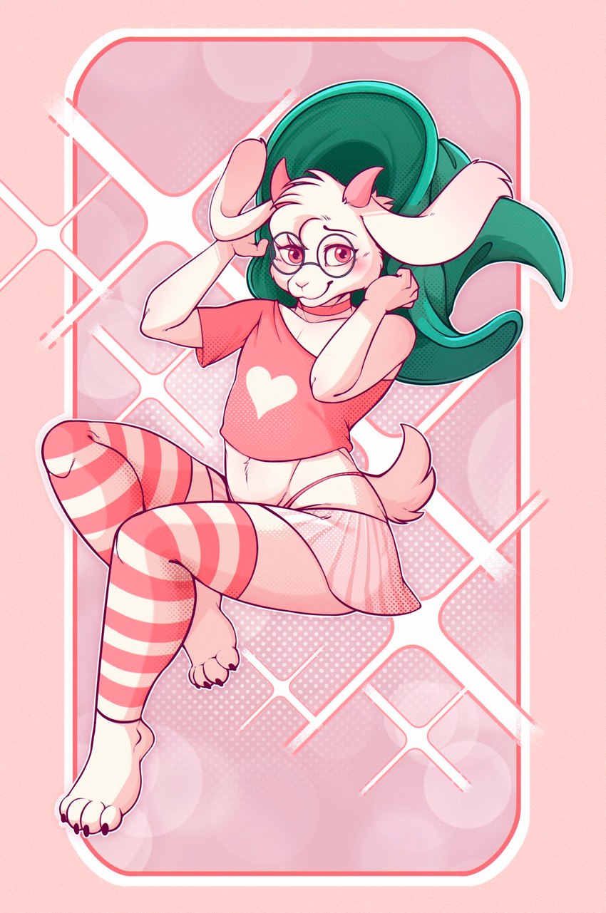 abstract_background anthro bottomwear clothed clothing crossdressing eyewear femboy glasses hat headgear headwear horn legwear male pattern_clothing pattern_legwear pattern_stockings round_glasses skirt solo stockings striped_clothing striped_legwear striped_stockings stripes aphrodi deltarune undertale_(series) ralsei bovid caprine goat mammal hi_res