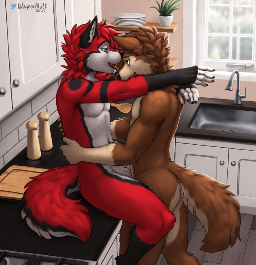 anthro duo fur kitchen licking male male/male open_mouth sitting smile standing tail tongue tongue_out wagnermutt canid canine mammal hi_res