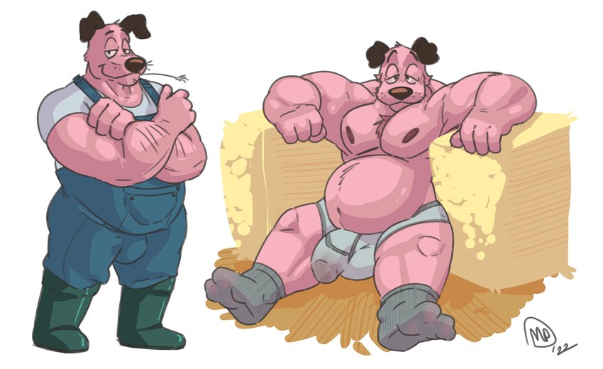 anthro anthrofied belly bodily_fluids body_hair bulge chest_hair clothing farmer fur genital_fluids genitals hay male musclegut muscular nipples overalls pecs penis pink_body pink_fur precum precum_through_clothing solo underwear wet wet_clothing maxpany cartoon_network courage_the_cowardly_dog courage_the_cowardly_dog_(character) beagle canid canine canis domestic_dog hunting_dog mammal scent_hound absurd_res hi_res