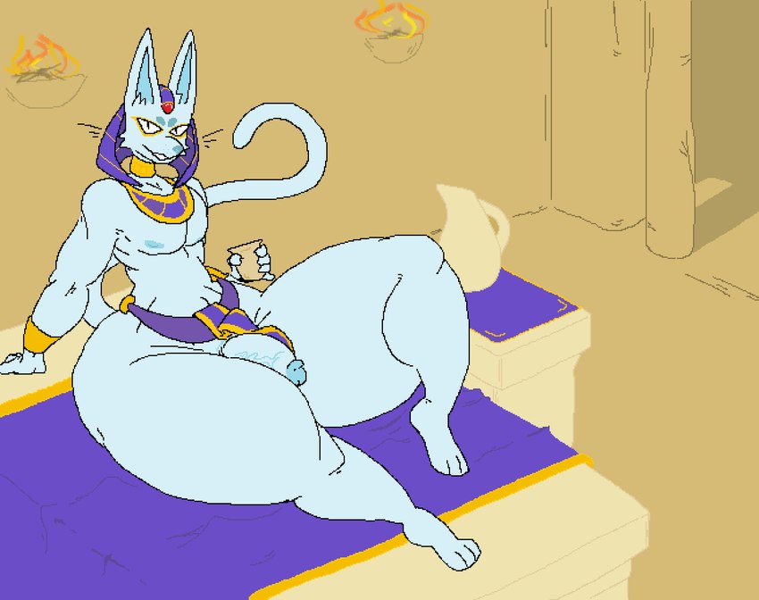 egyptian genitals looking_at_viewer male penis pharaoh presenting royalty sitting solo thick_thighs peachymewtwo domestic_cat felid feline felis ghost mammal spirit hi_res