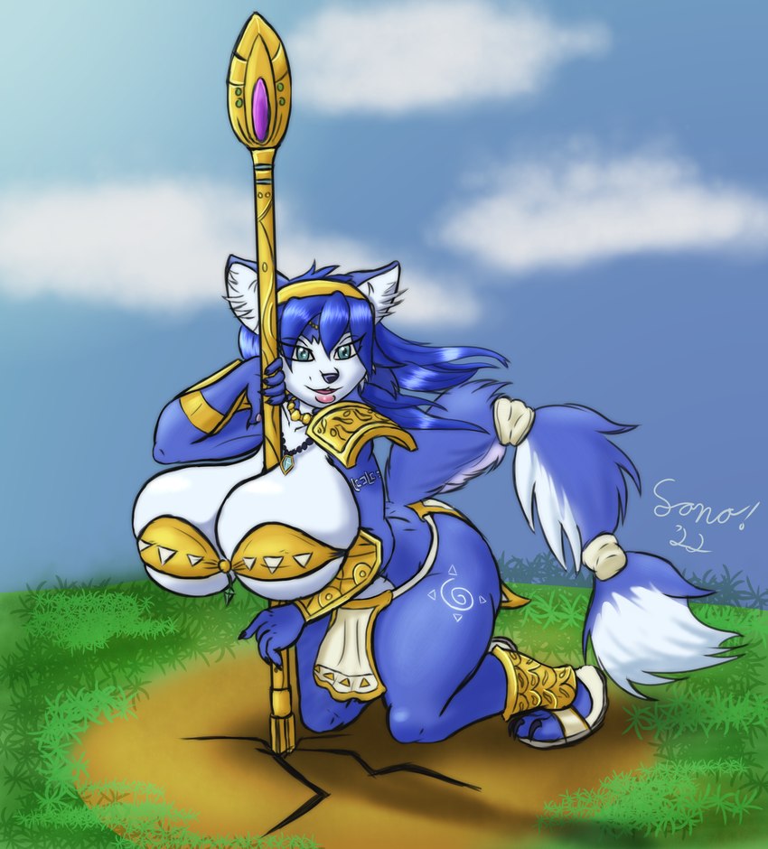 big_breasts bikini bottomwear breasts clothed clothing cloud cracked_earth curvy_figure female fluffy fluffy_tail fur giant_tits grass hair huge_breasts kneeling lips loincloth long_hair nails plant pose staff support swimwear tail two-piece_swimsuit wide_hips sonomatic krystal_appreciation_month nintendo star_fox krystal_(star_fox) canid canine fox mammal hi_res pinup