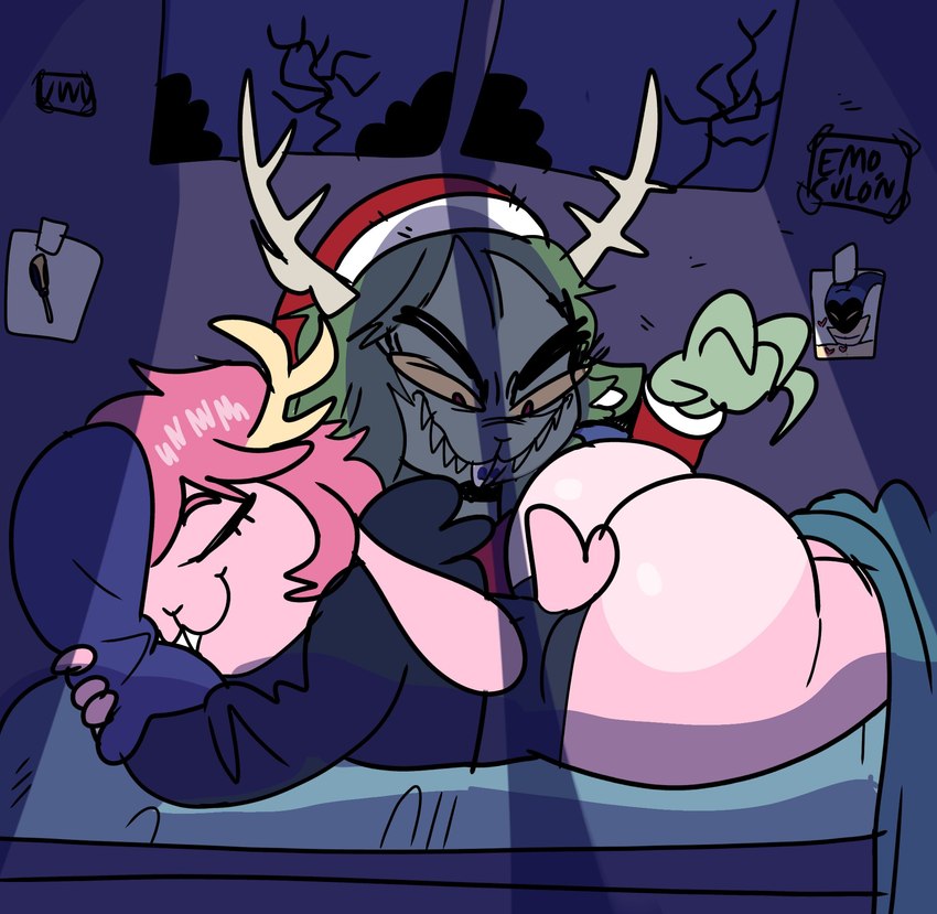 anthro antlers big_butt butt clothed clothing duo female femboy fur green_body hair headgear headwear horn male pink_body pink_fur pink_hair simple_background sleeping tail thick_thighs topwear renita_reed fzst grinch lagomorph leporid mammal rabbit digital_media_(artwork) hi_res