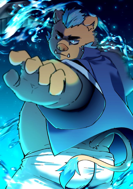 anthro belly big_belly bottomwear butt clothed clothing humanoid_hands male mohawk open_clothing open_shirt open_topwear overweight overweight_anthro overweight_male pants shirt solo topwear tusks water ptcmtr lifewonders tokyo_afterschool_summoners ganglie_(tas) mammal suid suine sus_(pig) wild_boar 2018 absurd_res hi_res