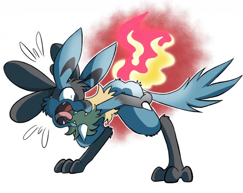 anthro bottomwear burn burning butt butt_on_fire clothing fight fire fluffy fur humor looking_back open_mouth pain panicking pants screaming solo warm portugueselynx nintendo pokemon canid canine generation_4_pokemon lucario mammal pokemon_(species)