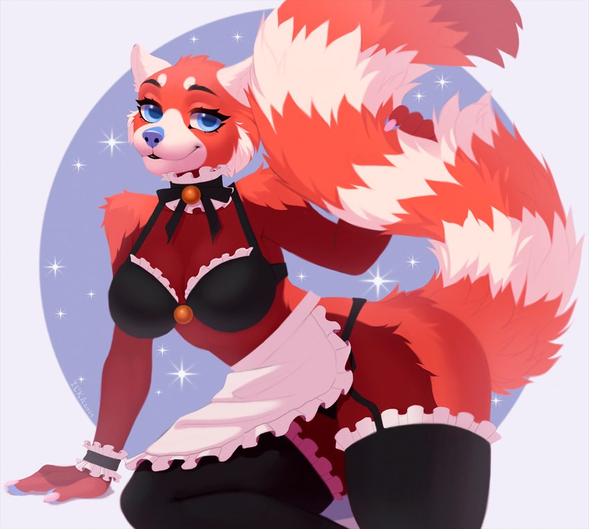 anthro blue_eyes blue_nose bra choker clothing female fur jewelry legwear lingerie long_tail looking_at_viewer maid_uniform necklace red_body red_fur solo stockings tail thigh_highs underwear uniform il'ka ailurid mammal red_panda hi_res