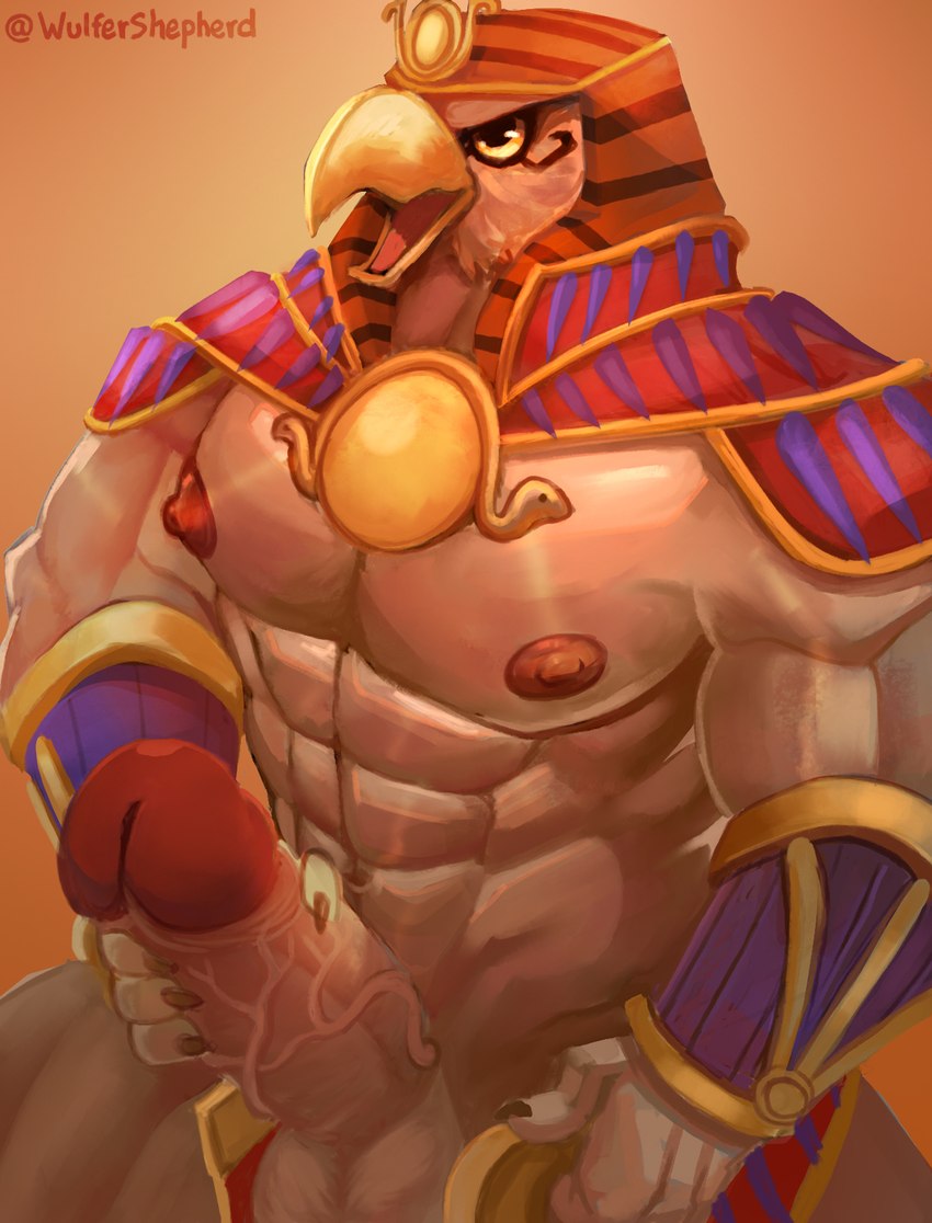 anthro armor balls big_penis erection genitals humanoid_genitalia humanoid_penis male masturbation navel nipples penile penile_masturbation penis solo vein veiny_penis wulfer-shepherd egyptian_mythology middle_eastern_mythology mythology ra ra_(smite) avian deity hi_res