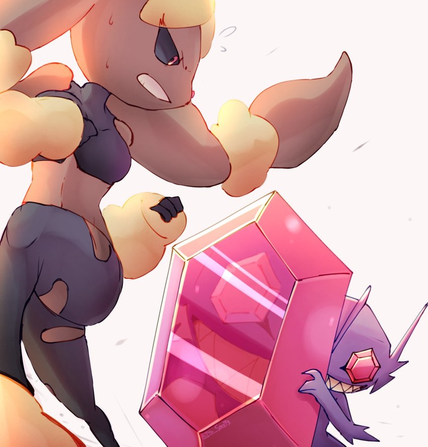 ambiguous_gender anthro brown_body brown_fur duo fight fur jewelry purple_body reflection simple_background itz_smi73 nintendo pokemon generation_6_pokemon mega_evolution mega_lopunny mega_sableye pokemon_(species) hi_res