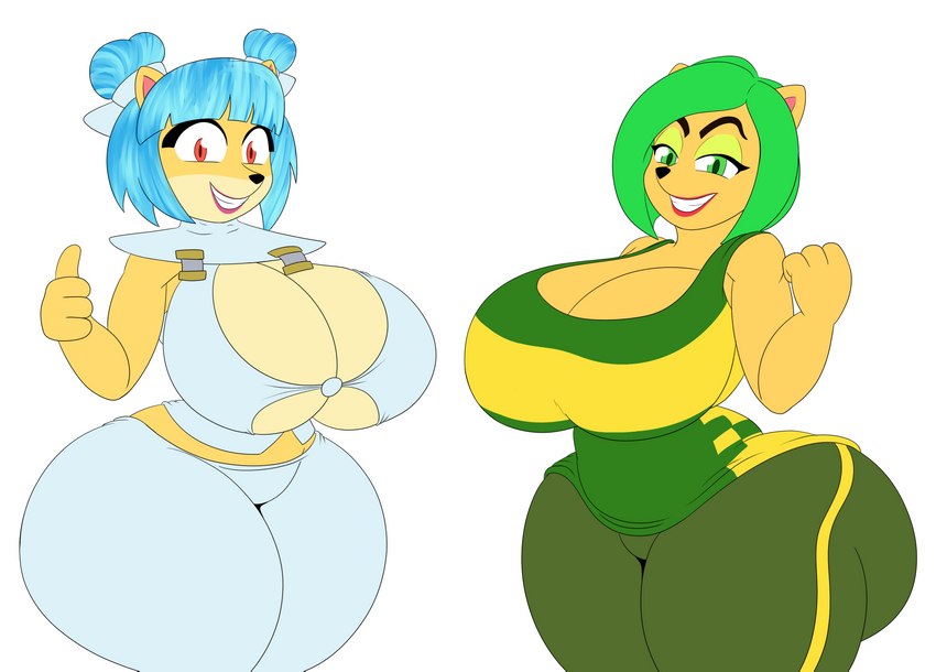 anthro big_breasts big_butt blue_hair breasts butt cleavage clothed clothing duo female green_eyes green_hair hair happy huge_breasts huge_butt looking_at_viewer makeup red_eyes smile thick_thighs wide_hips mechspazer activision crash_bandicoot_(series) crash_team_racing_(series) crash_team_racing_nitro-fueled ami_bandicoot megumi_bandicoot bandicoot mammal marsupial absurd_res hi_res