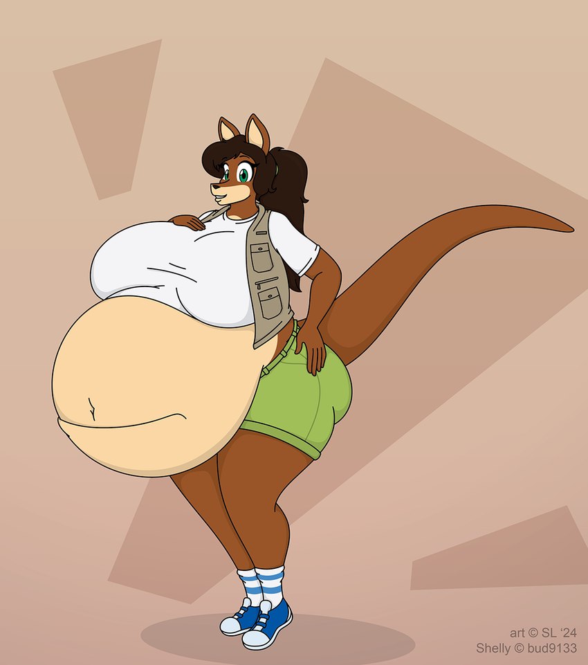 anthro belly big_belly big_breasts bottomwear breasts brown_body brown_fur brown_hair clothing copyright_symbol female footwear fur green_eyes hair huge_breasts khaki_vest khakis multicolored_body multicolored_fur navel overweight overweight_anthro overweight_female ponytail pregnant shoes shorts socks solo symbol tan_body tan_fur thick_thighs topwear two_tone_body two_tone_fur vest satsumalord shelly_(bud9133) kangaroo macropod mammal marsupial 2024 digital_media_(artwork) hi_res