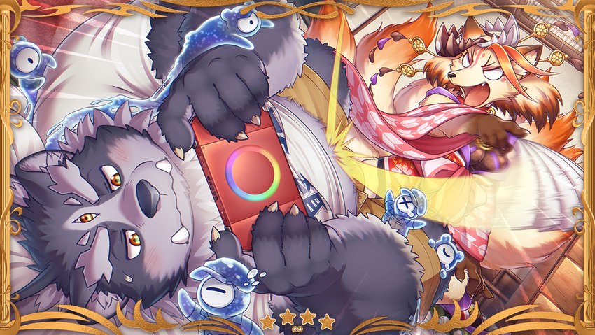 angry anthro belly black_nose bottomwear clothed clothing duo gaming group humanoid_hands inside kemono lying male overweight overweight_male playing_video_game shorts hinami lifewonders tokyo_afterschool_summoners hakumen_(tas) tsathoggua_(tas) canid canine fox goo_creature mammal 2022