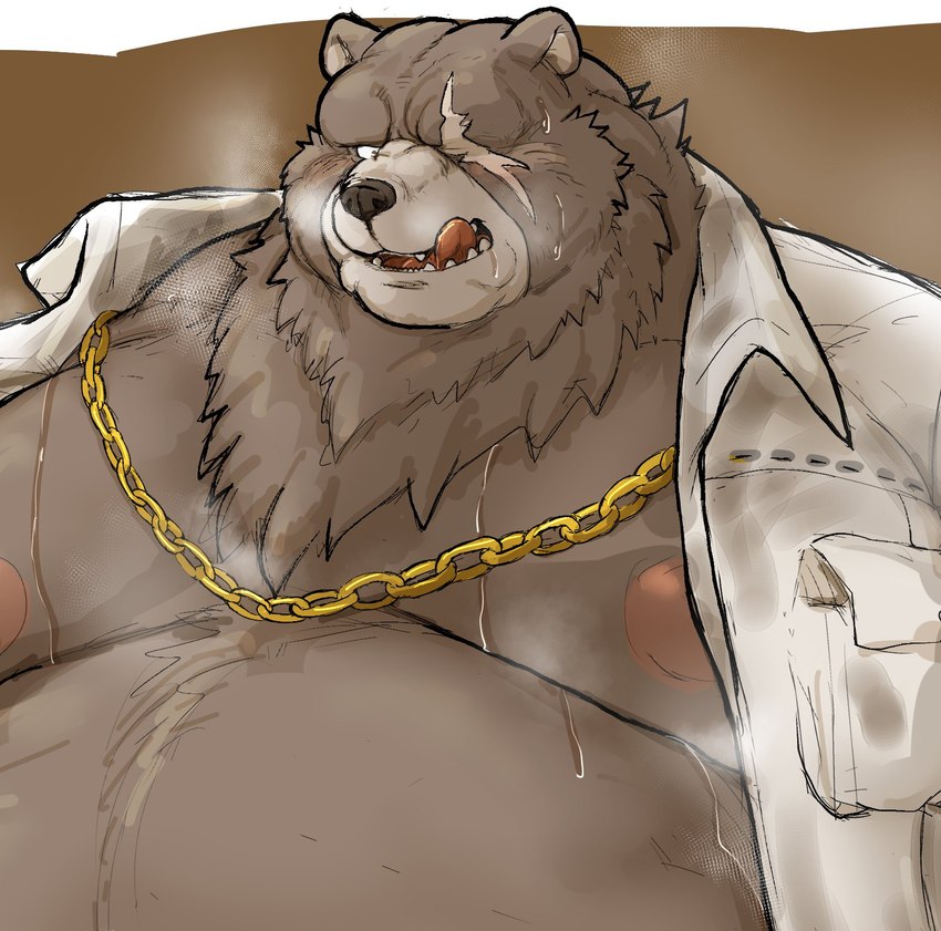 anthro belly big_belly bodily_fluids brown_body brown_fur clothed clothing front_view fur kemono male moobs musk nipples obese obese_male open_clothing open_shirt open_topwear overweight overweight_anthro overweight_male shirt solo sweat tongue tongue_out topwear kotobuki mihoyo zenless_zone_zero ben_bigger bear mammal 2022 digital_media_(artwork) half-length_portrait hi_res portrait