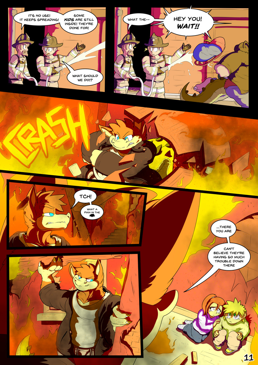 anthro bag fancomic female fire fire_engine firefighter male new_york_city text truck_(vehicle) turnout_gear vehicle arty_stu activision crash_bandicoot_(series) dingodile canid canine canis crocodile crocodilian crocodylid dingo human hybrid mammal reptile scalie comic english_text hi_res