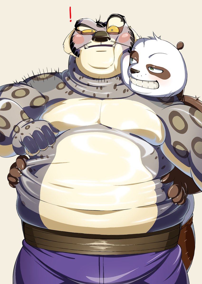 anthro belly blush clothed clothing duo fur glistening glistening_body grey_body grey_fur grin groping_belly groping_from_behind male male/male multicolored_body multicolored_fur navel overweight smile topless topless_anthro weight_gain ma5ka4nai dreamworks kung_fu_panda master_po_ping tai_lung_(kung_fu_panda) bear felid giant_panda mammal pantherine snow_leopard hi_res