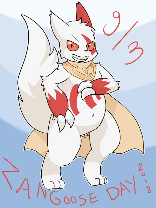 ambiguous_gender cape clothing fur markings red_markings solo text white_body white_fur foxy_harris nintendo pokemon pokemon-specific_day zangoose_day generation_3_pokemon mammal pokemon_(species) zangoose 2018 3:4 dated english_text hi_res