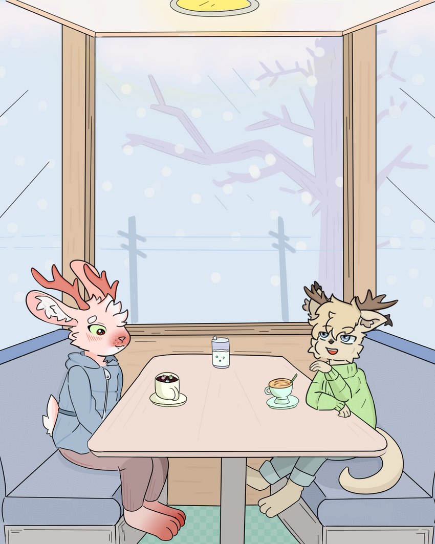 anthro beverage blush chatting clothed clothing coffee coffee_shop date duo male male/male snow young young_male swooner austin_(alone_together) louis_(alone_together) caracal caracal_(genus) deer felid feline hybrid jackelope kangaroo macropod mammal marsupial new_world_deer reindeer 4:5 hi_res