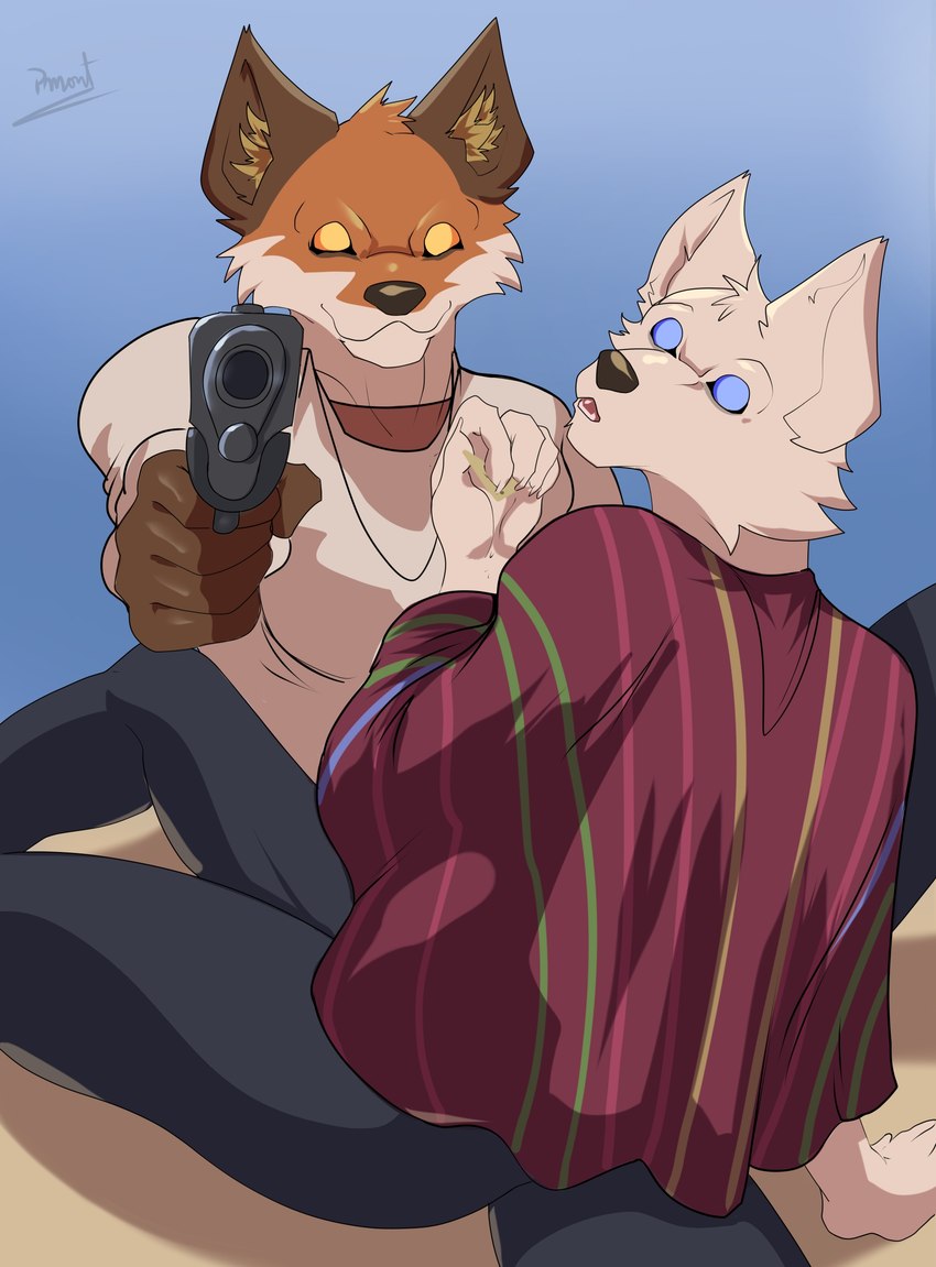 anthro blue_eyes clothed clothing duo fur gun holding_gun holding_object holding_ranged_weapon holding_weapon looking_at_viewer male multicolored_body multicolored_fur orange_body orange_eyes orange_fur parody ranged_weapon sitting smile smiling_at_viewer weapon white_body white_fur pinumontbalou el_cazador_de_la_bruja epic_games fortnite fennix_(fortnite) volpez_(fortnite) arctic_fox canid canine canis fox mammal red_fox true_fox absurd_res hi_res brother_(lore) brothers_(lore) sibling_(lore)