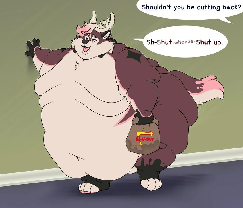 anthro antlers belly_overhang black_markings brown_body brown_fur chubby_cheeks countershade_face countershade_fur countershade_torso countershading dialogue dipstick_tail fur fur_markings hair highlights_(coloring) holding_bag horn inner_ear_fluff male markings moobs morbidly_obese morbidly_obese_anthro morbidly_obese_male nude obese obese_anthro obese_male offscreen_character overweight overweight_anthro overweight_male paper_bag pawpads pink_highlights pink_markings pink_pawpads pink_tongue prick_ears solo speech_bubble tail tail_markings text tongue tuft wheeze white_antlers white_hair white_markings shikakaka in-n-out holiday_(holidaysoftfox) english_text