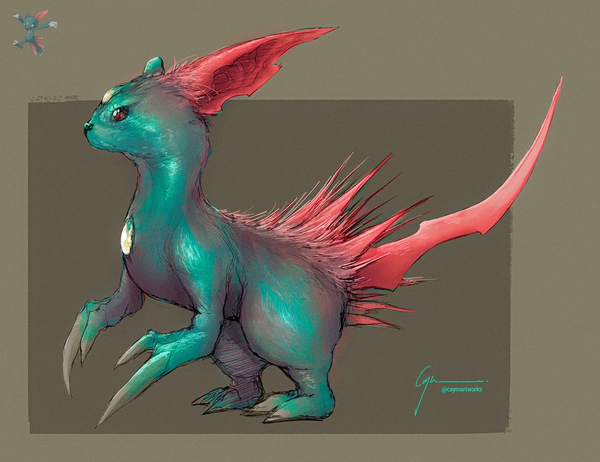 alternate_form ambiguous_feral ambiguous_gender back_spikes big_claws chest_gem claws feral feralized forehead_gem gem glistening glistening_eyes mane on_hind_legs pink_ears pink_mane pink_tail realistic reference_image sharp_tail side_view simple_background solo spikes spikes_(anatomy) tail tan_background teal_body teal_nose thick_thighs caymartworks nintendo pokemon generation_2_pokemon mammal mustelid pokemon_(species) sneasel 2020 colored_sketch full-length_portrait hi_res portrait sketch