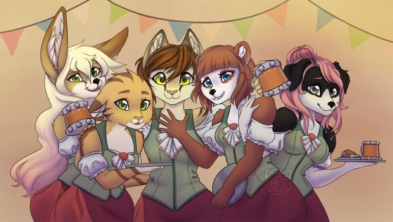 alcohol anthro barmaid beer beverage clothed clothing female fully_clothed group smile e-pon ailurid canid canine canis collie domestic_cat domestic_dog felid feline felis fennec_fox fox herding_dog mammal pastoral_dog red_panda sheepdog true_fox hi_res