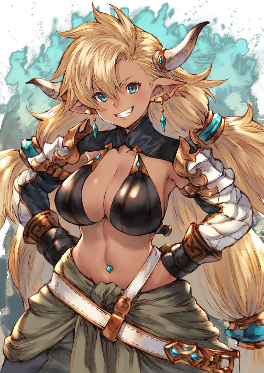 blonde_hair blue_eyes breasts cleavage clothed clothing female grin hair hand_on_hip horn humanoid_pointy_ears navel navel_piercing piercing pointy_ears smile solo makimura_shunsuke cygames granblue_fantasy almeida draph horned_humanoid humanoid mammal 2019 absurd_res hi_res