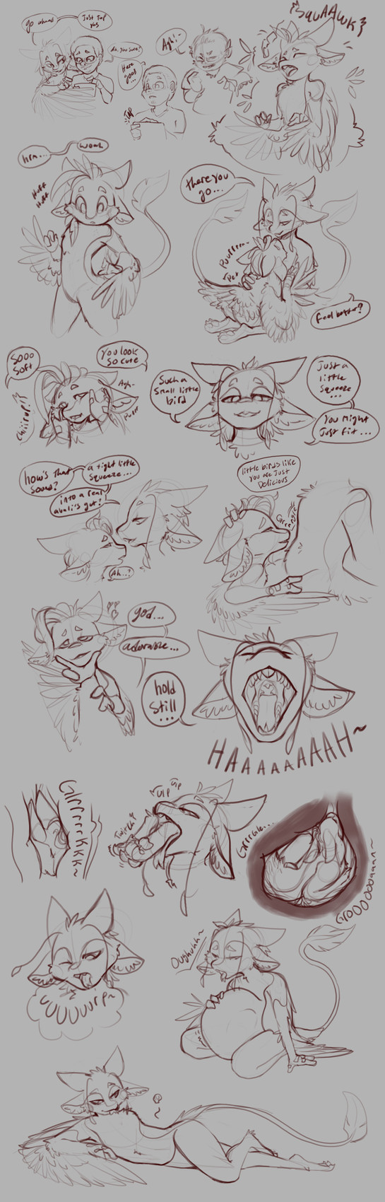 anthro coerced_prey death digestion fatal oral oral_vore size_difference transformation vore crunchy_kitkat avali avian human mammal absurd_res hi_res