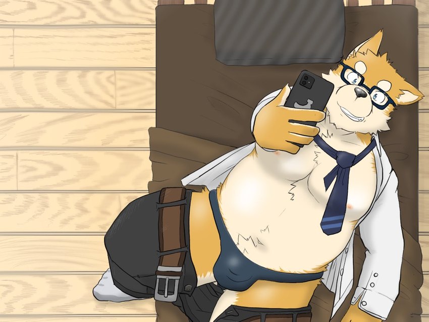 anthro bed belly bulge clothed clothing eyewear furniture glasses kemono lying male moobs nipples open_clothing open_shirt open_topwear overweight overweight_male pillow shirt solo topwear underwear kogamaru canid canine canis domestic_dog mammal shiba_inu spitz 2021 4:3