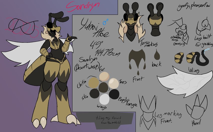2_fingers anthro arthropod_abdomen brown_body description exoskeleton fangs fingers fur insect_wings male solo teeth text tongue wings casualredjerk yuhai_atae_(casualredjerk) arthropod hymenopteran insect wasp absurd_res hi_res model_sheet signature