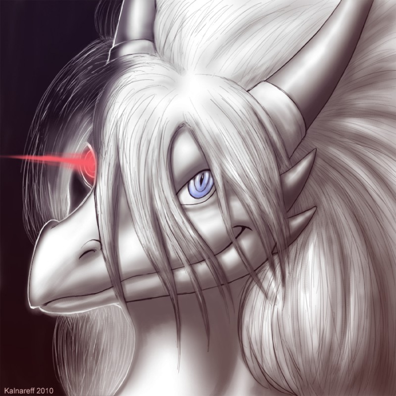 anthro black_background blue_eyes cybernetics hair heterochromia horn long_hair looking_at_viewer machine male nude pupils red_eyes scales simple_background slit_pupils smile solo text white_body white_hair white_scales kalnareff mythology kry cyborg dragon mythological_creature mythological_scalie scalie 1:1 2010 english_text