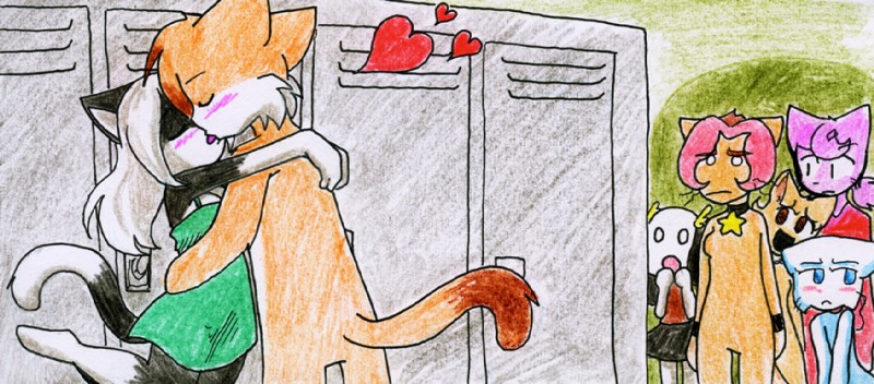 anthro bci_commission being_watched black_body black_fur blue_eyes blush bottomwear breasts brown_eyes clothing dress featureless_breasts featureless_crotch female fur group hair heart_symbol hug inside kissing locker looking_at_another male male/female nude orange_body orange_fur pink_hair purple_hair raised_leg ribbons romantic romantic_couple sad school shirt shocked skirt tail topwear white_hair taeshi_(artist) bittersweet_candy_bowl daisy_(bcb) jasmine_(bcb) jessica_(bcb) lucy_(bcb) paulo_(bcb) rachel_(bcb) tess_(bcb) canid canine canis domestic_cat domestic_dog felid feline felis khao_manee mammal somali_cat traditional_media_(artwork)