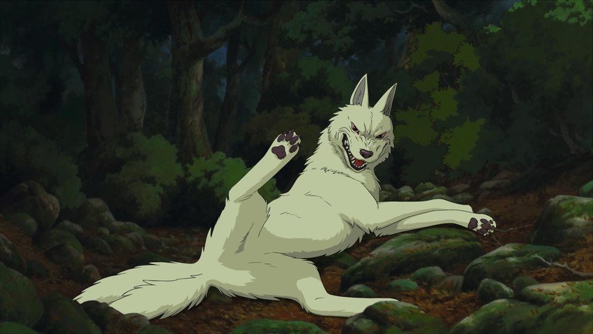 ambiguous_gender fangs feral fur pawpads paws plant quadruped solo tail teeth tree the_giant_hamster ghibli princess_mononoke moro-no-kimi canid canine canis mammal wolf 2023 absurd_res hi_res