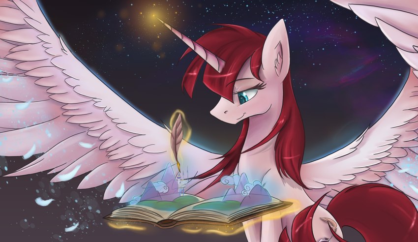 big_wings book cutie_mark feathered_wings feathers female feral glowing hair horn inner_ear_fluff levitation long_hair magic magic_user mane night pen red_hair sitting smile solo space sparkles spread_wings star tuft wings ardail friendship_is_magic hasbro my_little_pony mythology lauren_faust lauren_faust_(character) equid equine mammal mythological_creature mythological_equine winged_unicorn 2015 absurd_res hi_res