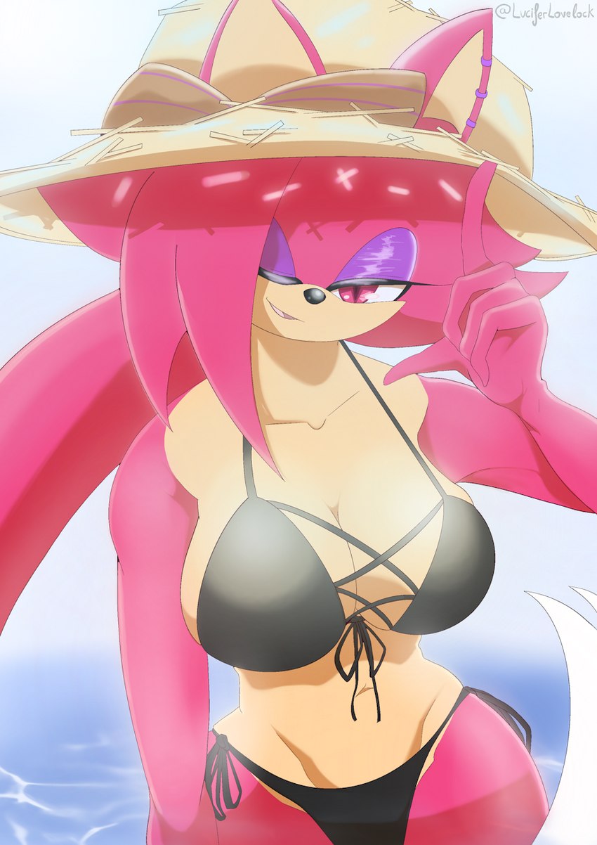 anthro big_breasts breasts butt clothed clothing ear_piercing female fur hair long_hair looking_at_viewer open_mouth piercing red_body red_eyes red_fur red_hair simple_background smile solo standing swimwear lucifer_lovelock sega sonic_the_hedgehog_(series) asami_the_cat fan_character digital_drawing_(artwork) digital_media_(artwork) hi_res