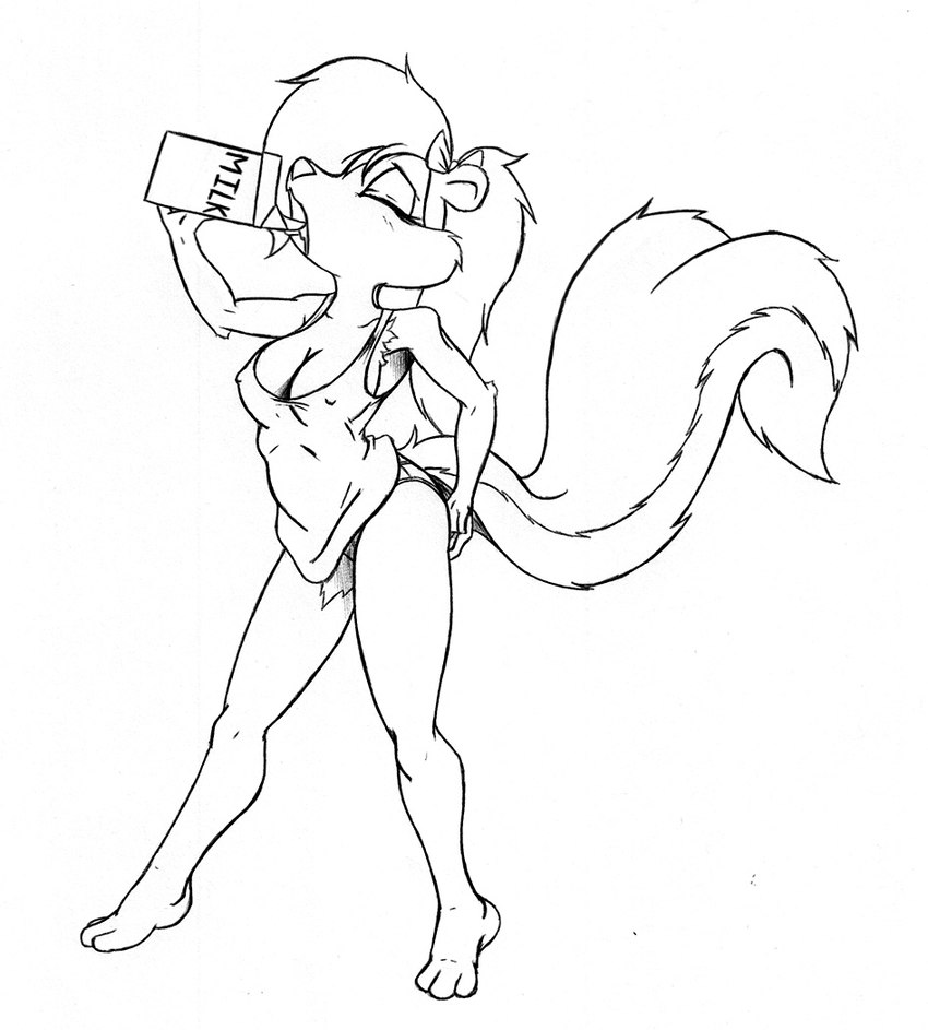 accessory anthro bow_ribbon breasts clothing container drinking eyes_closed female hair hair_accessory hair_bow hair_ribbon milk milk_carton milk_container nipple_outline open_mouth panties ribbons shirt solo topwear underwear viroveteruscy tiny_toon_adventures warner_brothers fifi_la_fume mammal mephitid skunk 2015 line_art monochrome traditional_media_(artwork)