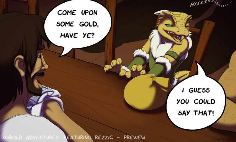 ambiguous_gender anthro bar beard chair claws clothing dialogue duo facial_hair fur furniture glass green_eyes horn kobold_adventures kobold_adventures:_rezzic male open_mouth rag sack shadow sitting size_difference tavern text tongue conditional_dnp sefeiren rezzic human kobold mammal reptile scalie 2013 comic english_text female_(lore)