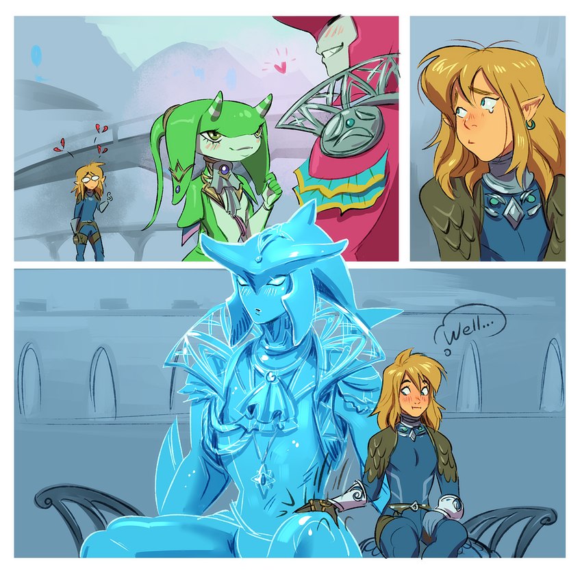 anthro blonde_hair blush dialogue female group hair heart_symbol heartbroken humanoid_pointy_ears ice_sculpture male male/female pointy_ears text trio mdthetest ripushko nintendo tears_of_the_kingdom the_legend_of_zelda link prince_sidon sidon's_avatar_(tloz) yona_(tloz) fish humanoid hylian marine zora 1:1 2024 comic english_text hi_res