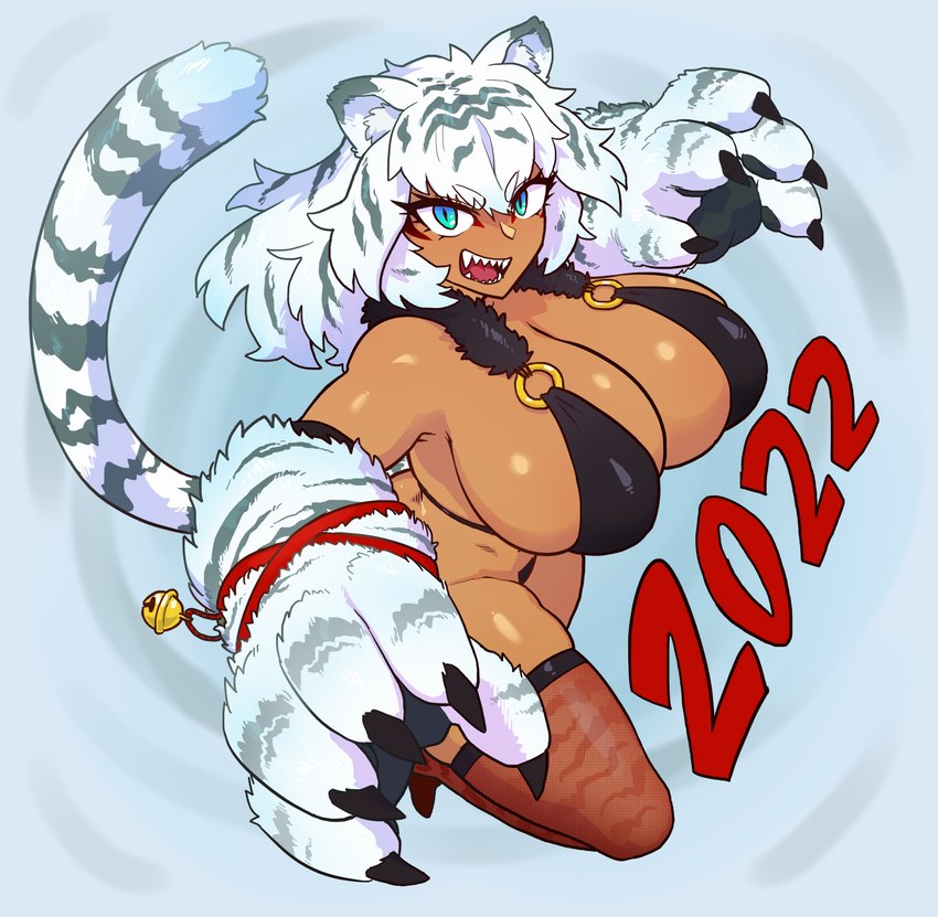 5_fingers bell big_breasts blue_eyes breasts claws clothed clothing eyebrow_through_hair eyebrows female fingers hair legwear looking_at_viewer multicolored_hair open_mouth ring solo tail tan_body tan_skin translucent translucent_hair two_tone_hair two_tone_tail white_hair white_tail thetenk chinese_zodiac new_year_2022 year_of_the_tiger animal_humanoid felid felid_humanoid humanoid mammal mammal_humanoid pantherine pantherine_humanoid tiger_humanoid 2022 hi_res