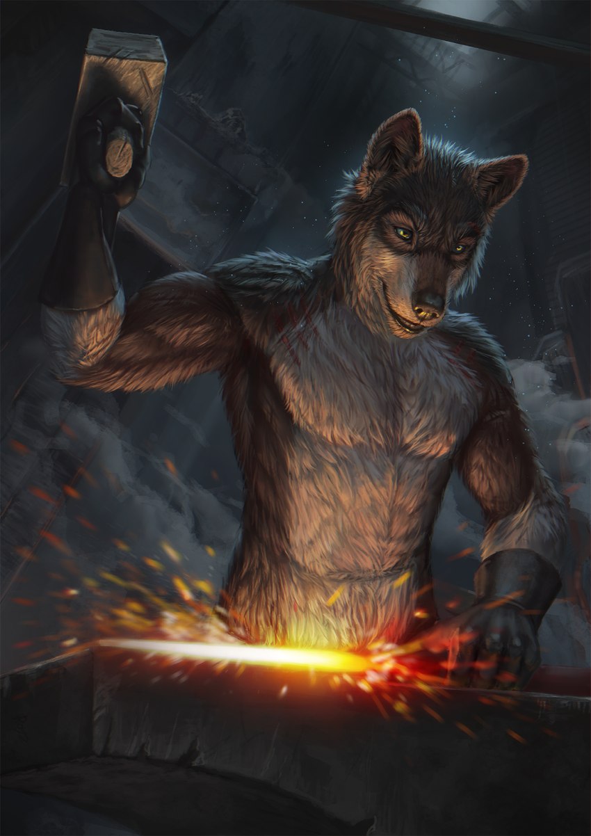 5_fingers action_pose anthro anvil armwear black_armwear black_clothing black_nose blacksmith blue_eyes brown_body brown_fur clothing detailed_fur fingers fire forging front_view fur gloves grey_body grey_fur hammer handwear holding_melee_weapon holding_object holding_sword holding_tool holding_weapon male melee_weapon mostly_nude muscular muscular_anthro muscular_male pose scar smoke solo sparks sword tools weapon conditional_dnp latex_(artist) mythology rakan canid canine canis mammal mythological_canine mythological_creature werecanid werecanine werecreature werewolf wolf 2017 detailed digital_media_(artwork) half-length_portrait hi_res portrait