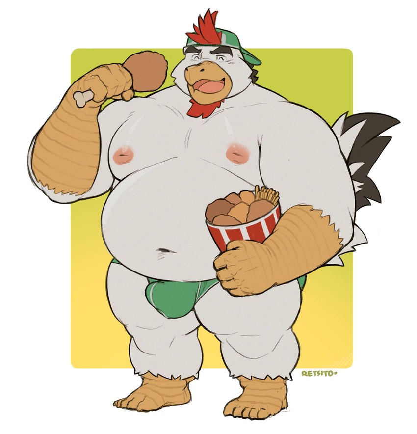 anthro areola avian_caruncle backwards_baseball_cap backwards_hat barefoot baseball_cap beak belly belly_overhang big_belly big_bulge bone border bulge cannibalism chicken_meat clothed clothing comb_(anatomy) container dewlap_(anatomy) eyebrows feathers feet food fried_chicken fries gradient_background green_background hair hat head_crest headgear headwear holding_container holding_food holding_object huge_belly kemono looking_at_viewer male meat moobs navel nipples non-mammal_nipples open_mouth open_smile overweight overweight_anthro overweight_male plantigrade simple_background smile solo standing thick_arms thick_thighs topless topless_anthro topless_male tuft underwear wattle white_border yellow_background retsito avian bird chicken galliform gallus_(genus) phasianid 2025 hi_res