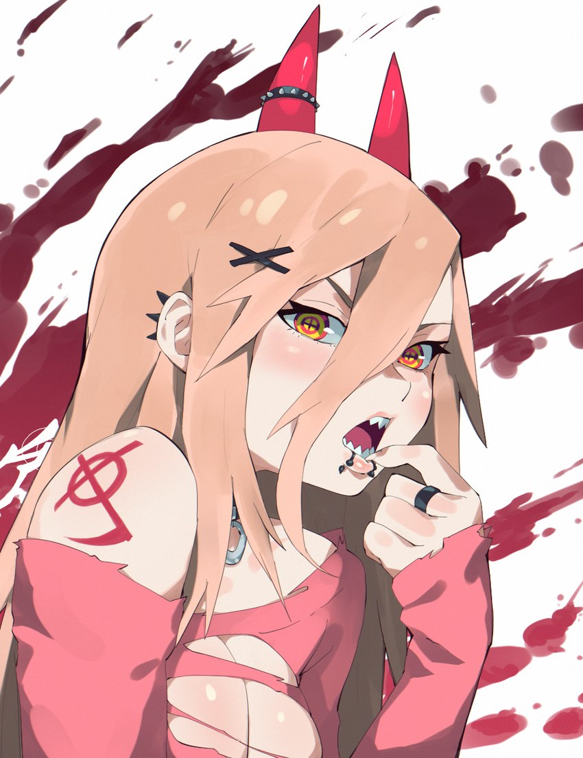 blonde_hair blush breasts cleavage clothed clothing facial_piercing female hair horn lip_piercing lip_ring looking_at_viewer not_furry open_mouth piercing pupils red_horn ring_piercing sharp_teeth simple_background solo teeth torn_clothing unusual_pupils aetherionart chainsaw_man power_(chainsaw_man) demon horned_humanoid humanoid 2023 hi_res