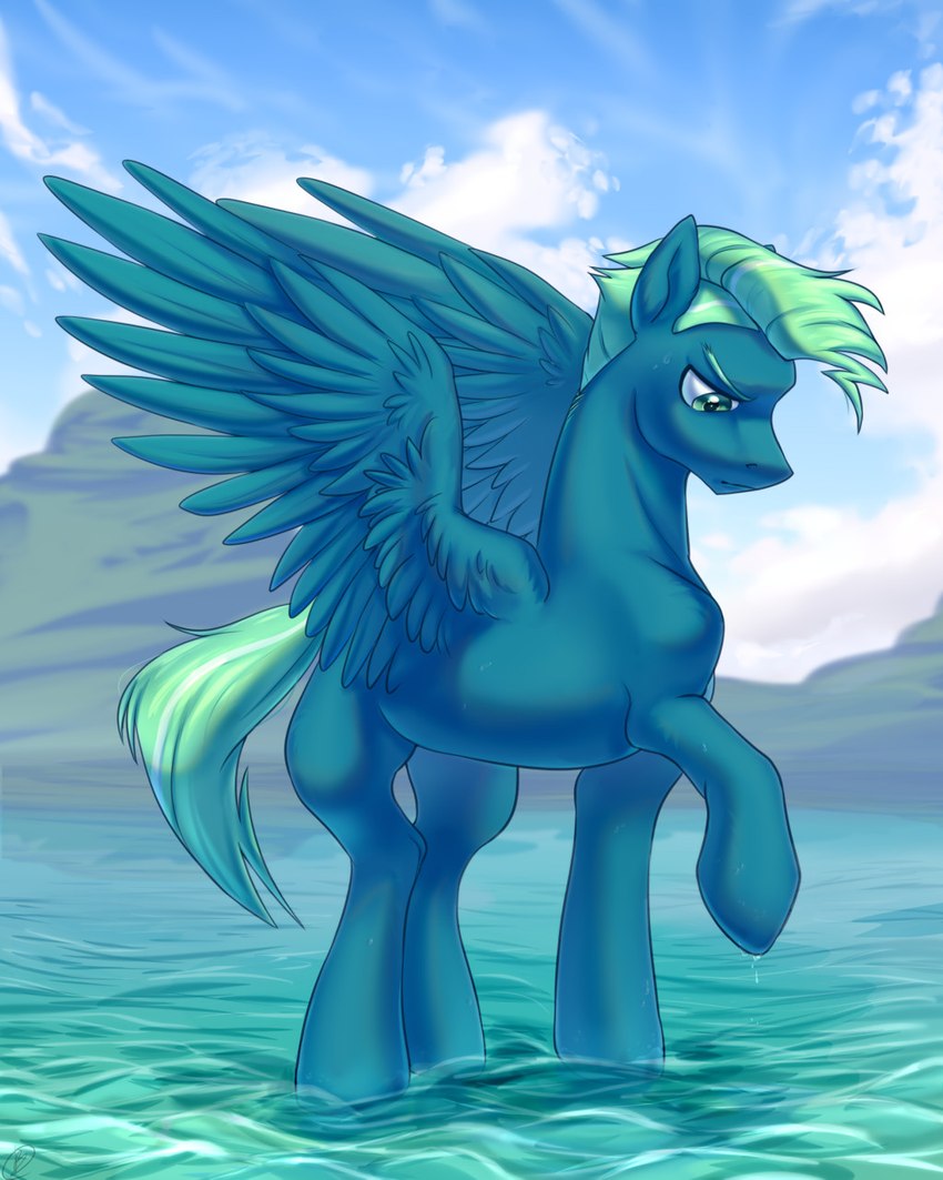 blue_body blue_fur detailed_background feral frown fur green_hair green_tail hair hooves looking_down male partially_submerged quadruped raised_hoof solo spread_wings tail teal_eyes water wings renka2802 friendship_is_magic hasbro my_little_pony mythology sky_stinger_(mlp) equid equine mammal mythological_creature mythological_equine pegasus 2022 4:5 full-length_portrait hi_res portrait