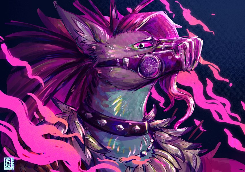 anthro black_background bodily_fluids collar feather_necklace feathers fur hair hairless inner_ear_fluff long_hair male mane multicolored_body multicolored_fur muzzle_(object) pink_hair pink_sclera simple_background solo spiked_collar spikes tears tuft two_tone_body two_tone_fur wire_basket_muzzle sealhaus dislyte lilith_games liam_(dislyte) canid canine canis domestic_dog hairless_dog mammal primitive_dog xoloitzcuintli 2023 absurd_res digital_media_(artwork) digital_painting_(artwork) hi_res painting_(artwork)