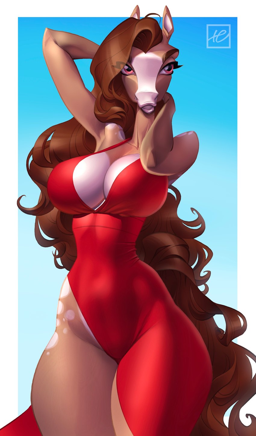 anthro big_breasts breasts brown_eyes brown_hair cleavage clothed clothing dress eye_through_hair female hair long_hair looking_at_viewer small_waist solo thick_thighs translucent translucent_hair wide_hips holivi nadira_(airheart) equid equine horse mammal 2023 absurd_res hi_res