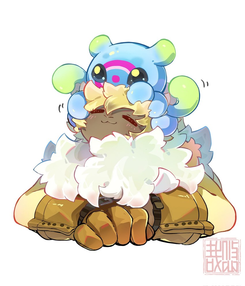 anthro blush carrying_another clothing duo female feral fur gloves handwear long_ears male massage on_head ponytail_ears smile tentacles yellow_body yellow_fur youzaiyouzai112 bandai_namco digimon digimon_ghost_game digimon_(species) jellymon lagomorph leporid mammal rabbit symbareangoramon hi_res
