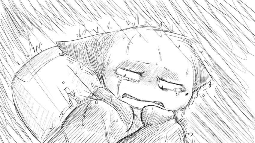 anthro bodily_fluids clothed clothing crying duffel_bag female raining solo storm tears wet dragonweirdo animal_crossing nintendo olivia_(animal_crossing) domestic_cat felid feline felis mammal 16:9 hi_res monochrome widescreen