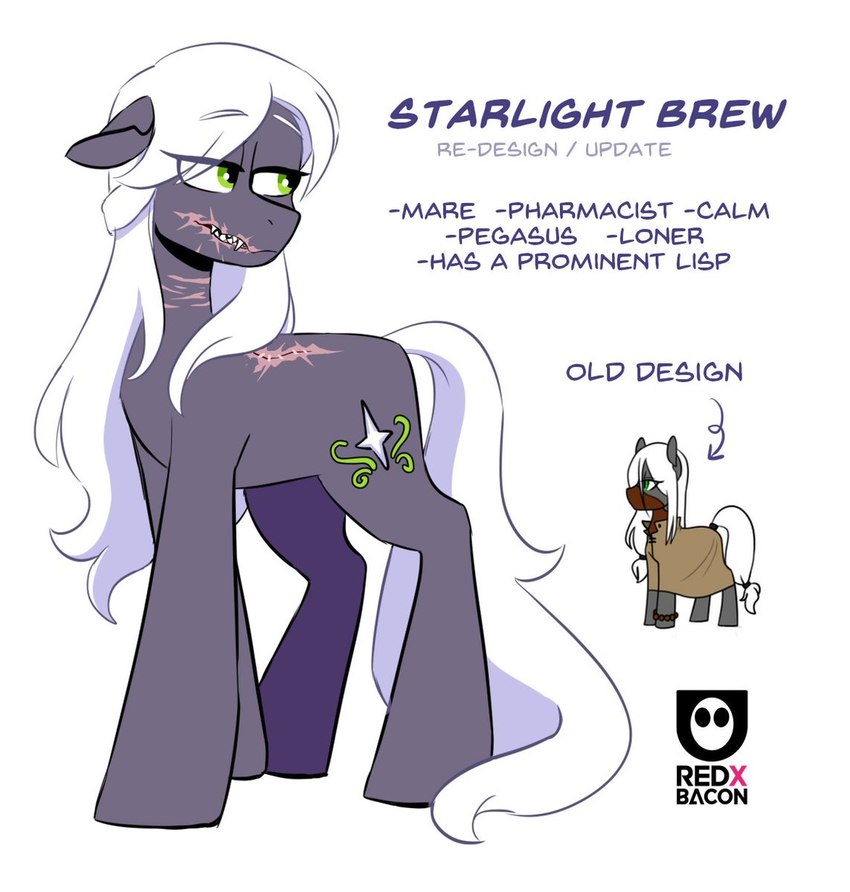 clothing coat cutie_mark deformed deformed_face female feral glasgow_smile green_eyes hair lab_coat long_tail mask scar sharp_teeth solo tail teeth text topwear white_hair white_tail redxbacon hasbro my_little_pony fan_character starlight_brew_(oc) earth_pony equid equine horse mammal pony english_text hi_res model_sheet