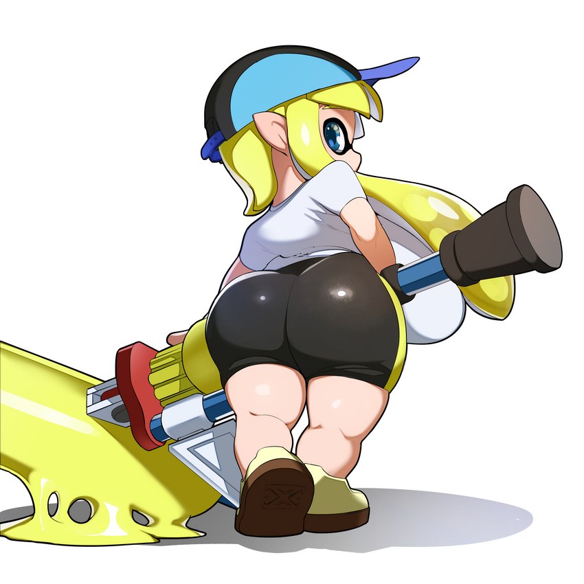 back_boob baseball_cap big_breasts big_butt black_bottomwear black_clothing blonde_eyebrows blonde_hair blue_clothing blue_eyes blue_hat blue_headwear blue_pupils bottomwear breasts bubble_butt butt clothed clothing corocoro_splat_roller curvy_figure dwarfism eye_markings eye_mask eyebrows facial_markings female footwear glistening glistening_eyes hair hat head_markings headgear headwear holding_object holding_weapon huge_breasts huge_butt humanoid_pointy_ears hyper hyper_breasts light_body light_skin long_hair looking_at_viewer looking_back looking_back_at_viewer markings mask_(marking) melee_weapon pointy_ears pseudo_hair pupils rear_view shadow shirt shoes short_stack shorts side_boob simple_background solo spandex spandex_shorts splat_roller spotted_tentacles standing tentacle_hair tentacles thick_eyebrows thick_thighs tight_bottomwear tight_clothing tight_shorts topwear weapon white_background white_clothing white_shirt white_topwear wide_hips yellow_clothing yellow_footwear yellow_shoes yellow_tentacles naze nintendo splatoon inkling_girl animal_humanoid cephalopod cephalopod_humanoid humanoid inkling marine marine_humanoid mollusk mollusk_humanoid 1:1 absurd_res hi_res