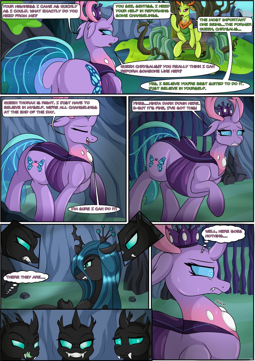 blue_eyes chair crossgender cutie_mark dialogue fangs female feral furniture horn male mtf_crossgender purple_eyes teeth text throne novaspark friendship_is_magic hasbro my_little_pony fan_character queen_chrysalis_(mlp) sektiss thorax_(mlp) arthropod changeling absurd_res comic english_text hi_res