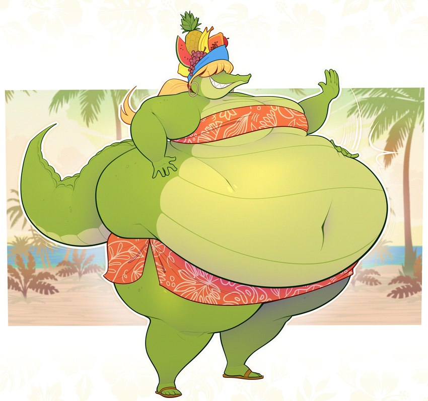 anthro banana belly belly_slap big_belly big_breasts blonde_hair breasts clothed clothing covered_eyes ear_piercing ear_ring feet female food fruit fruit_hat grape green_body hair hat headgear headwear lemon melon obese obese_female outside overweight overweight_anthro overweight_female piercing pineapple plant ponytail ring_piercing sandels seaside slap slapping_own_belly slapping_self smile solo swimwear tail thick_thighs toes topwear tropical two-piece_swimsuit watermelon ridiculouscake geraldeen_almer alligator alligatorid american_alligator crocodilian reptile scalie absurd_res digital_media_(artwork) hi_res