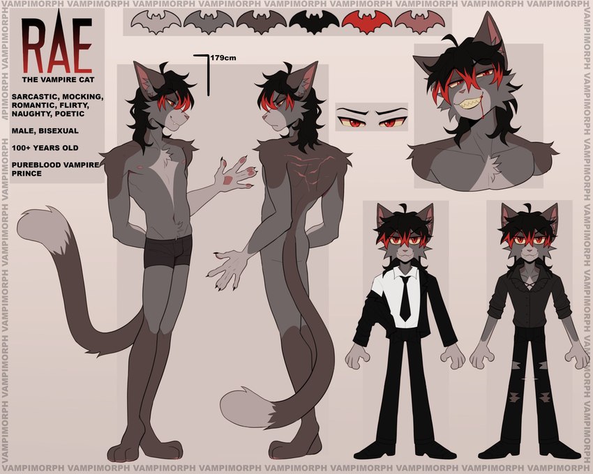 anthro bat_symbol black_hair black_tie_(suit) blood blood_from_mouth blood_in_mouth bodily_fluids clothing drinking drinking_blood hair highlights_(coloring) male red_eyes red_hair solo suit text vampimorph rae_(vampimorph) domestic_cat felid feline felis mammal vampire english_text hi_res model_sheet